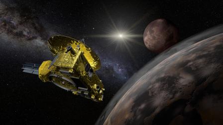 Аппарат New Horizons и лёгкая дымка атмосферы вокруг Плутона